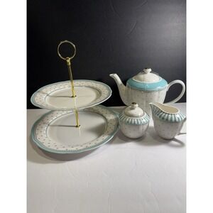 Grace Teaware Aqua Polka Dot Tea Set w/ Teapot Sugar Creamer & 2-Tier Tray